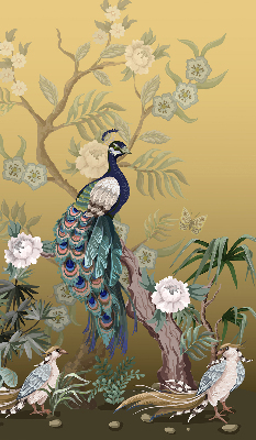 Estor enrollable de tela con diseño de pavo real en un árbol
