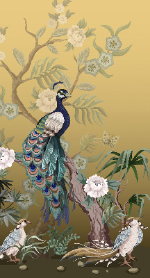 Estor enrollable de tela con diseño de pavo real en un árbol