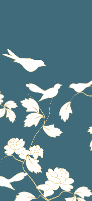Estor decorativo con pájaros blancos sobre flores blancas