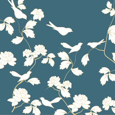 Estor decorativo con pájaros blancos sobre flores blancas