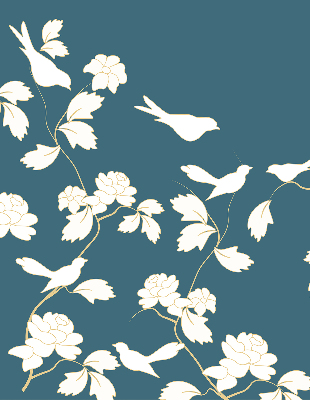 Estor decorativo con pájaros blancos sobre flores blancas