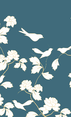 Estor decorativo con pájaros blancos sobre flores blancas