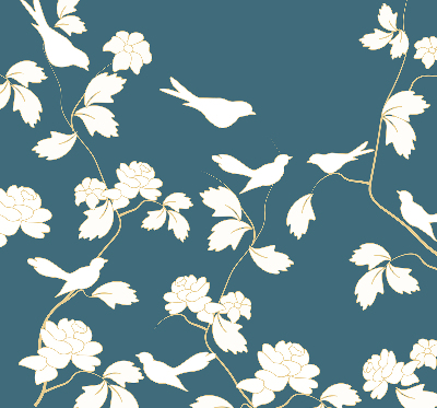 Estor decorativo con pájaros blancos sobre flores blancas