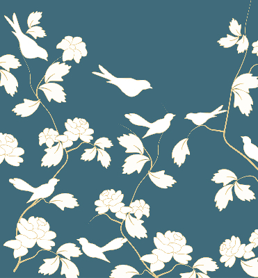 Estor decorativo con pájaros blancos sobre flores blancas