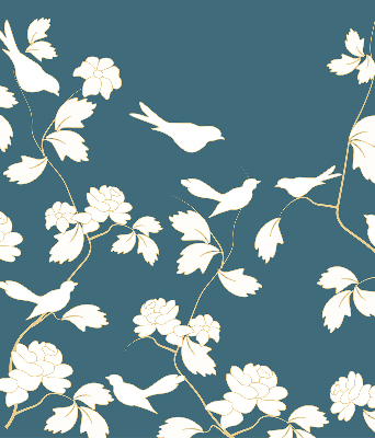 Estor decorativo con pájaros blancos sobre flores blancas
