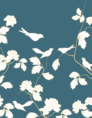 Estor decorativo con pájaros blancos sobre flores blancas