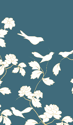 Estor decorativo con pájaros blancos sobre flores blancas