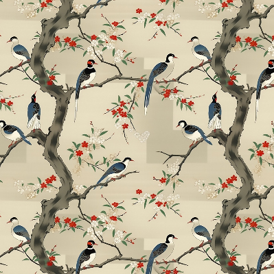 Estor opaco con diseño de pájaros en un árbol