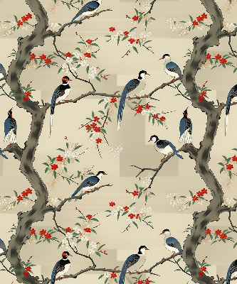 Estor opaco con diseño de pájaros en un árbol