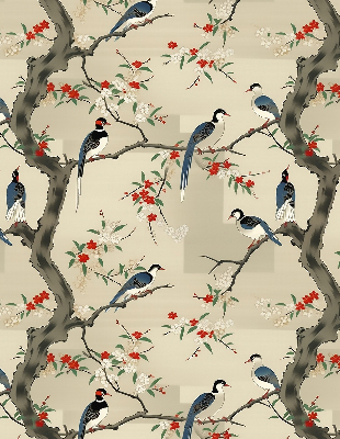 Estor opaco con diseño de pájaros en un árbol