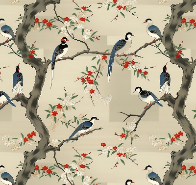 Estor opaco con diseño de pájaros en un árbol