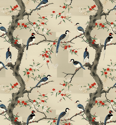 Estor opaco con diseño de pájaros en un árbol