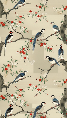 Estor opaco con diseño de pájaros en un árbol