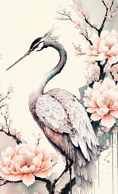 Estor decorativo con diseño de garza entre flores