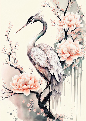 Estor decorativo con diseño de garza entre flores