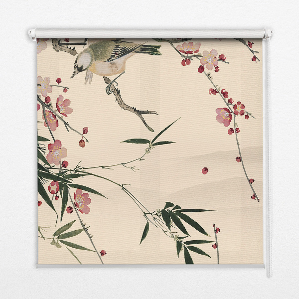 Estor opaco con diseño de flor de cerezo y pájaro