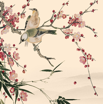 Estor opaco con diseño de flor de cerezo y pájaro