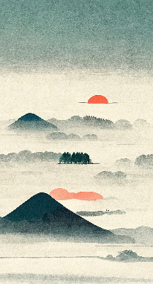 Estor enrollable de tela con diseño de montañas pintadas