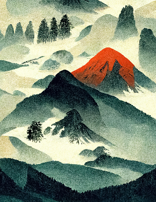 Estor opaco con diseño de montañas en la niebla