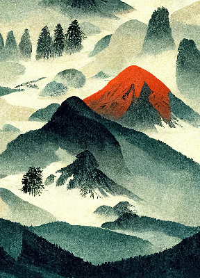 Estor opaco con diseño de montañas en la niebla
