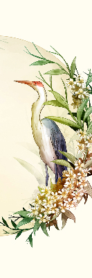 Estor decorativo con una grúa en un círculo de vegetación