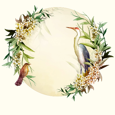 Estor decorativo con una grúa en un círculo de vegetación