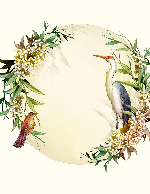 Estor decorativo con una grúa en un círculo de vegetación