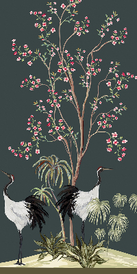 Estor decorativo con pájaros junto al rosal