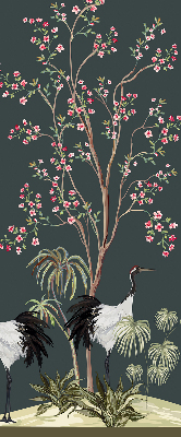 Estor decorativo con pájaros junto al rosal