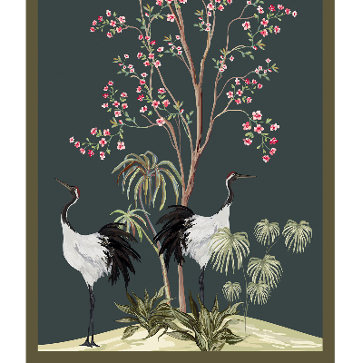Estor decorativo con pájaros junto al rosal