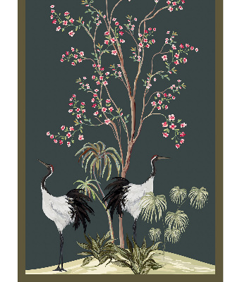 Estor decorativo con pájaros junto al rosal