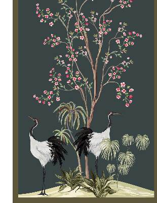 Estor decorativo con pájaros junto al rosal