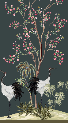 Estor decorativo con pájaros junto al rosal