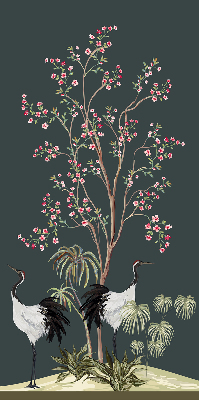 Estor decorativo con pájaros junto al rosal
