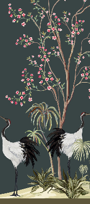 Estor decorativo con pájaros junto al rosal