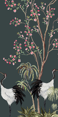 Estor decorativo con pájaros junto al rosal
