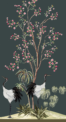 Estor decorativo con pájaros junto al rosal