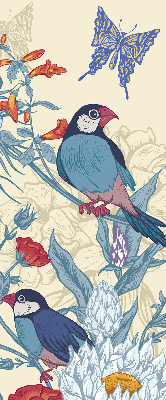 Estor enrollable de tela con estampado de pájaros entre las flores