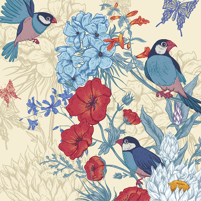 Estor enrollable de tela con estampado de pájaros entre las flores