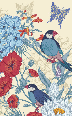 Estor enrollable de tela con estampado de pájaros entre las flores