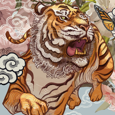 Estor opaco con estampado de tigre entre flores