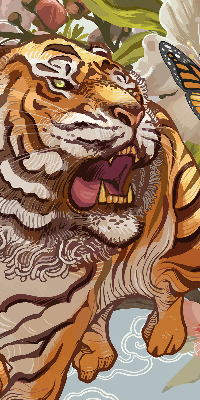 Estor opaco con estampado de tigre entre flores