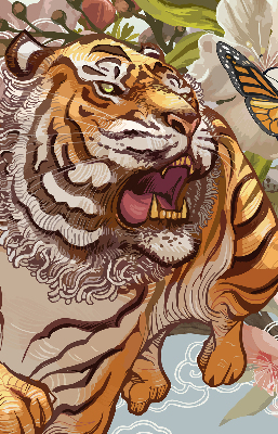 Estor opaco con estampado de tigre entre flores