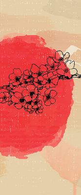 Estor enrollable de tela con flores en un círculo rojo