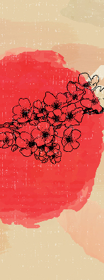 Estor enrollable de tela con flores en un círculo rojo