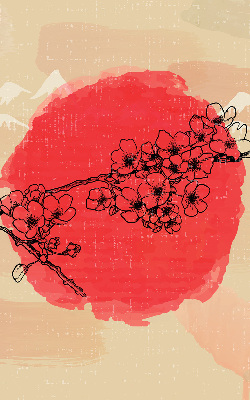 Estor enrollable de tela con flores en un círculo rojo