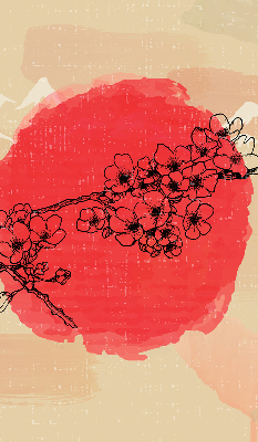 Estor enrollable de tela con flores en un círculo rojo