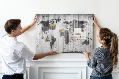 Tablón de corcho Mapa mundial sobre madera