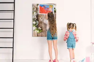 Pizarra magnética decorativa diseño de flores sobre tablas de madera con rotulador incluido