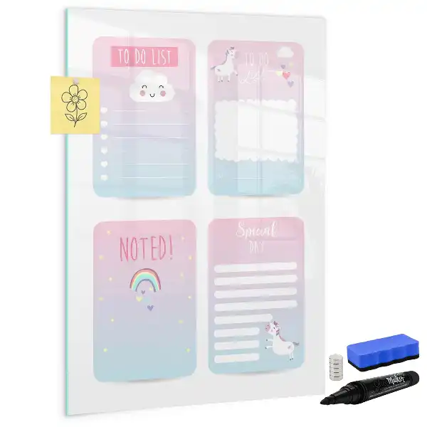 Pizarra magnética borrable de cristal diseño de planificador unicornio
